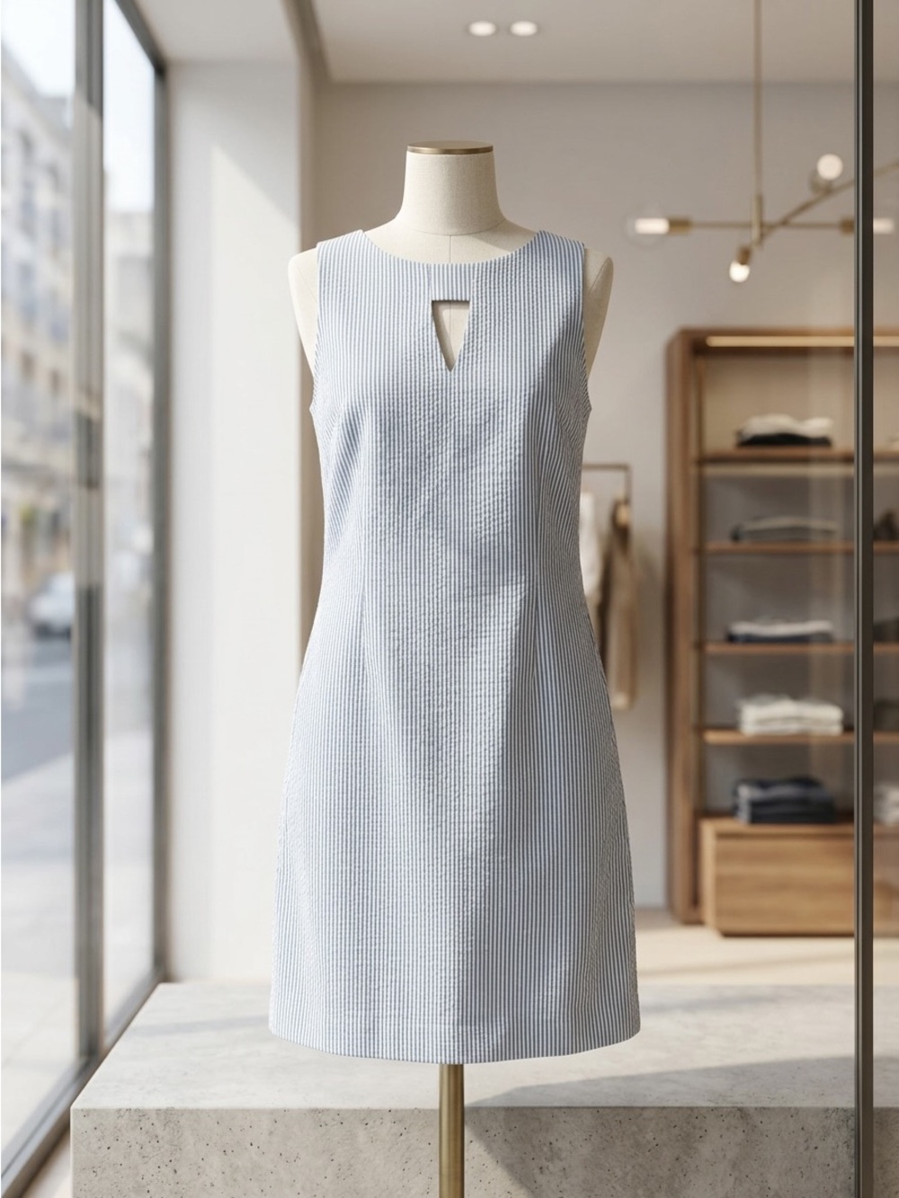 Anne Kline Seersucker Sleeveless Light Blue Keyhole Shift Dress